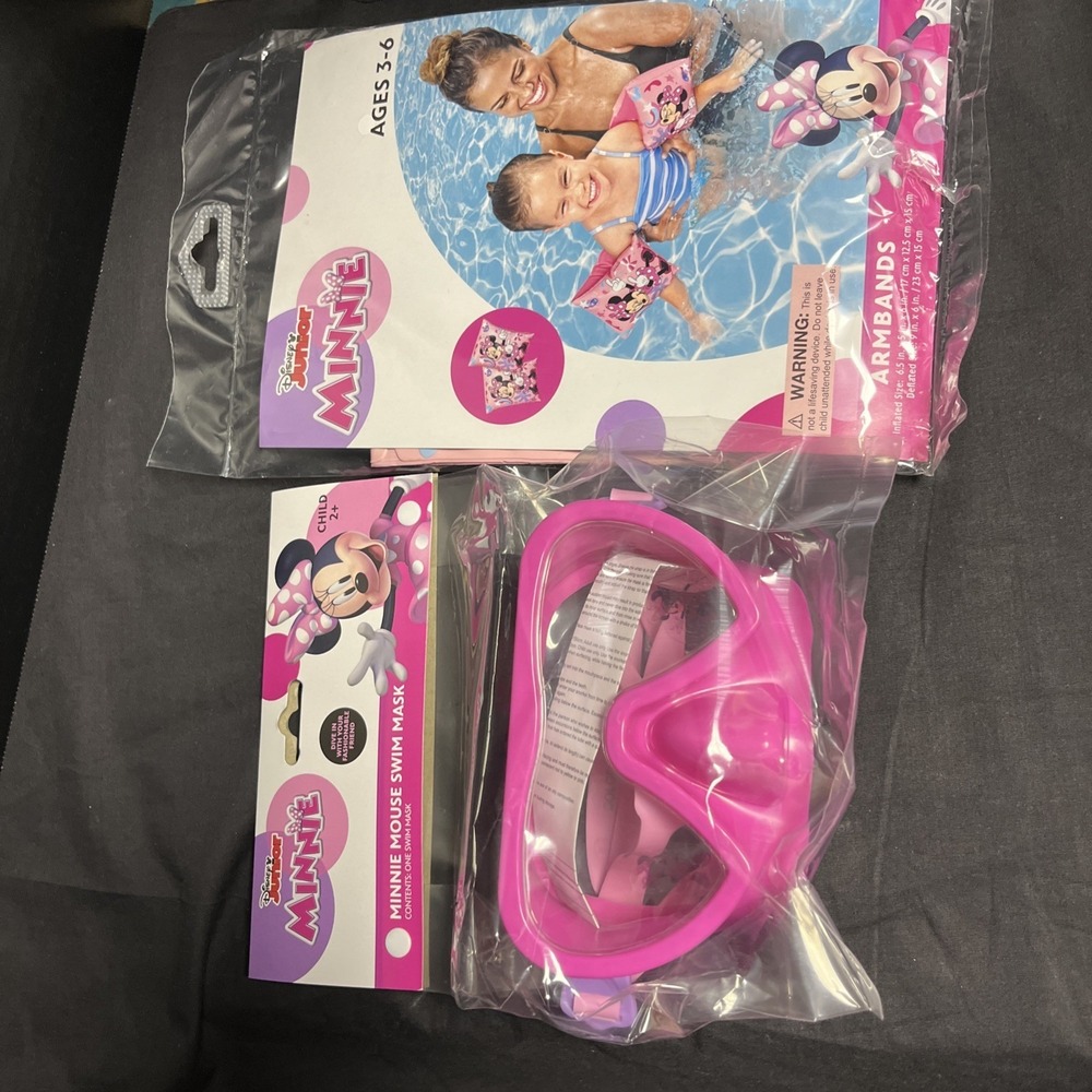 POOL SWIM MASK GIRLS  & ARMBANDS DISNEY JUNIOR MINNIE MOUSE PINK ADJUSTABLE NEW